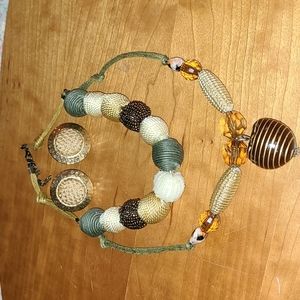 Vintage Boho Hippie Artisan Funky Beaded Necklace, Burlap Hammered Gold Earrings